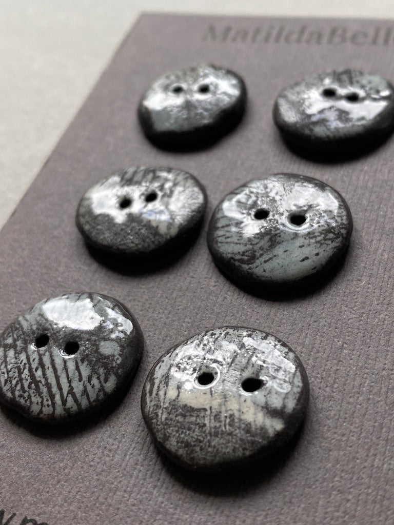 Set of 6 Hand-Formed Black Clay Ceramic Round Buttons - 20mm - Rustic Yet Contemporary Design