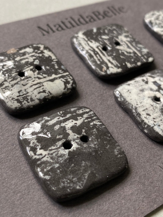 Set of 6 Hand-Formed Black Clay Ceramic Square  Buttons - 24mm - Rustic Yet Contemporary Design