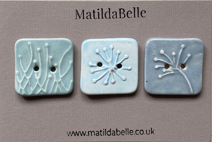 Set of 3 Square Botanical Clay Buttons - 35mm  - Glazed in Pretty Pastels