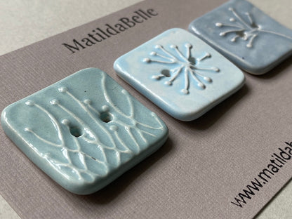 Set of 3 Square Botanical Clay Buttons - 35mm  - Glazed in Pretty Pastels