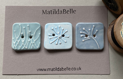 Set of 3 Square Botanical Clay Buttons - 35mm  - Glazed in Pretty Pastels