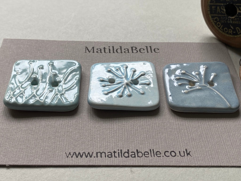 Set of 3 Square Botanical Clay Buttons - 35mm  - Glazed in Pretty Pastels