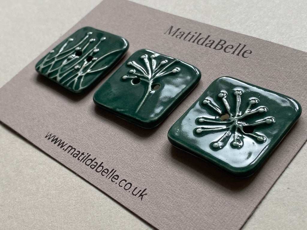 Set of 3 Square Botanical Clay Buttons - 35mm  - Forest Green