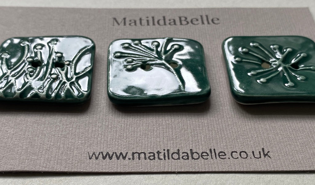 Set of 3 Square Botanical Clay Buttons - 35mm  - Forest Green