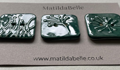 Set of 3 Square Botanical Clay Buttons - 35mm  - Forest Green