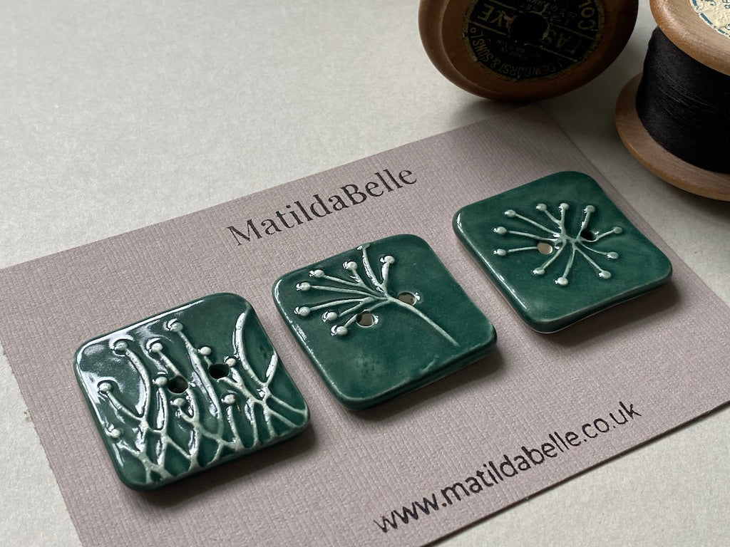 Set of 3 Square Botanical Clay Buttons - 35mm  - Forest Green