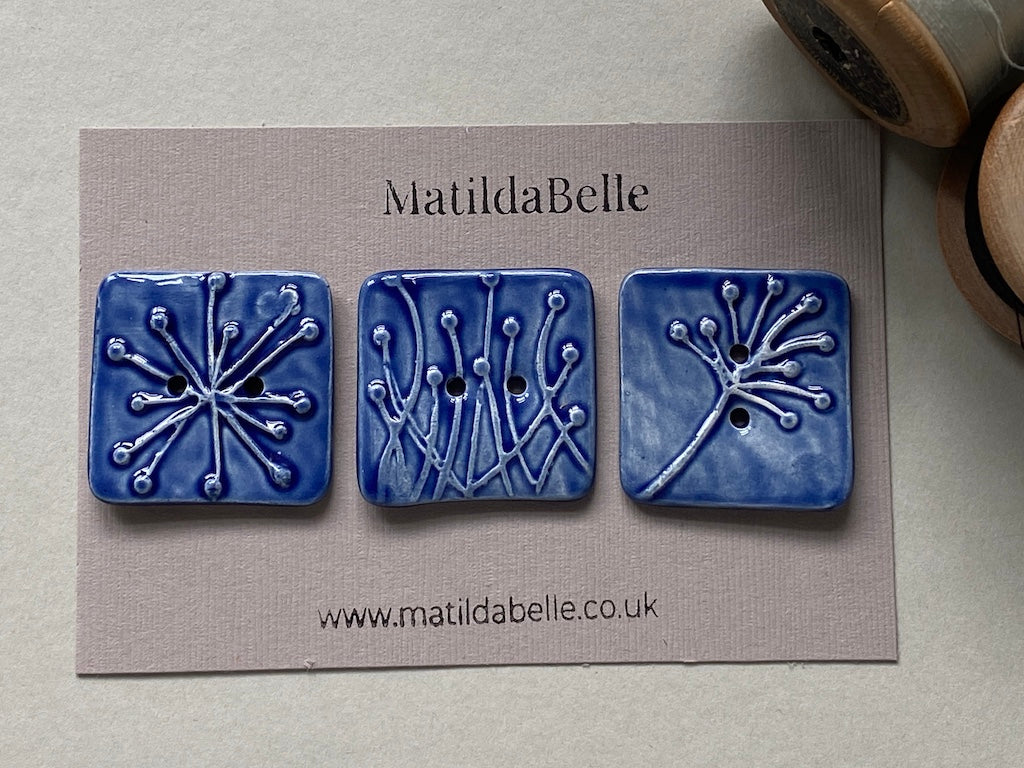 Set of 3 Square Botanical Clay Buttons - 35mm  - Blue