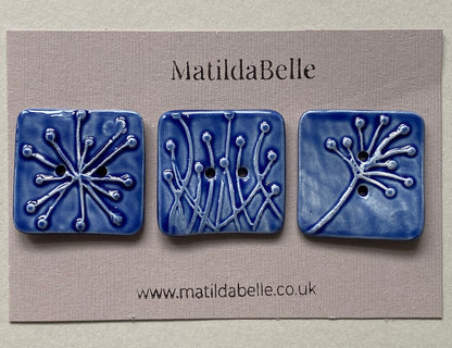 Set of 3 Square Botanical Clay Buttons - 35mm  - Blue