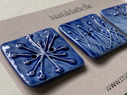 Set of 3 Square Botanical Clay Buttons - 35mm  - Blue