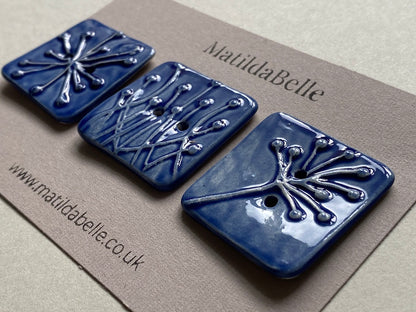 Set of 3 Square Botanical Clay Buttons - 35mm  - Blue