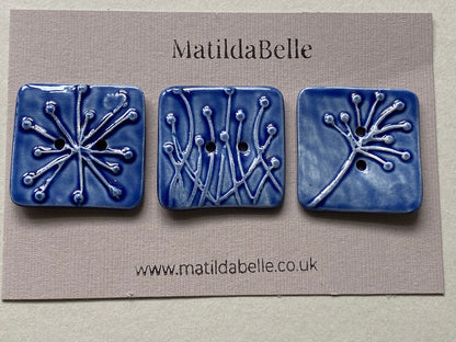 Set of 3 Square Botanical Clay Buttons - 35mm  - Blue