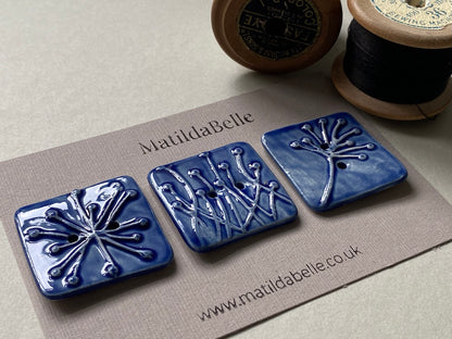 Set of 3 Square Botanical Clay Buttons - 35mm  - Blue