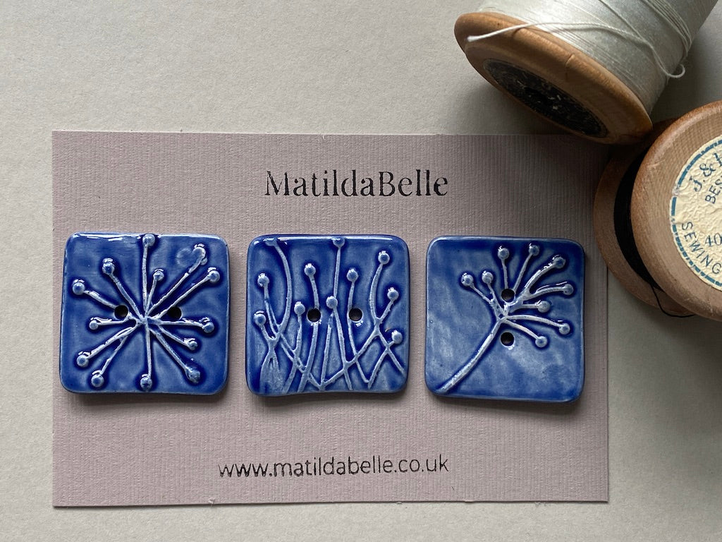 Set of 3 Square Botanical Clay Buttons - 35mm  - Blue