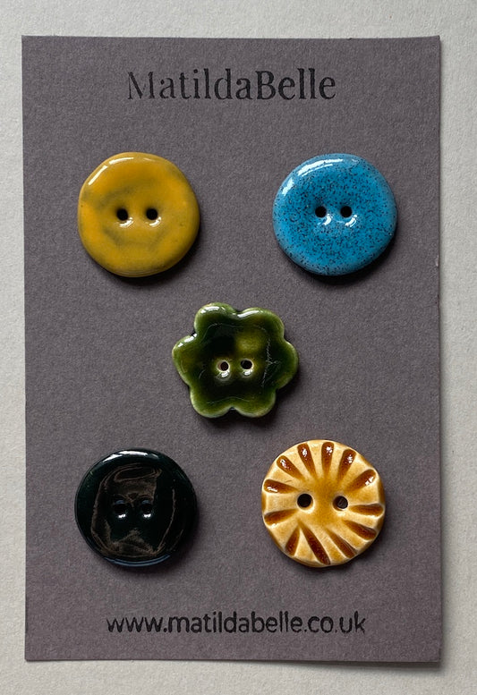 mixed set of five handmade ceramic buttons, 24mm