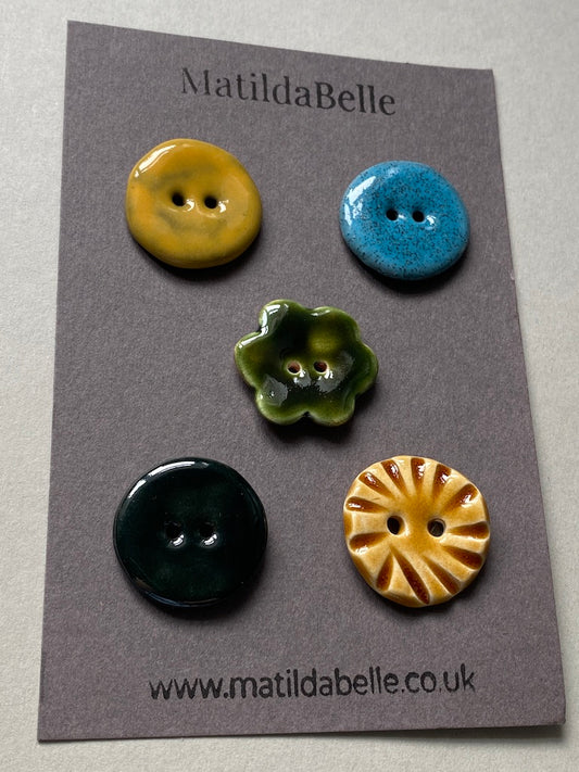 mixed set of five handmade ceramic buttons, 24mm
