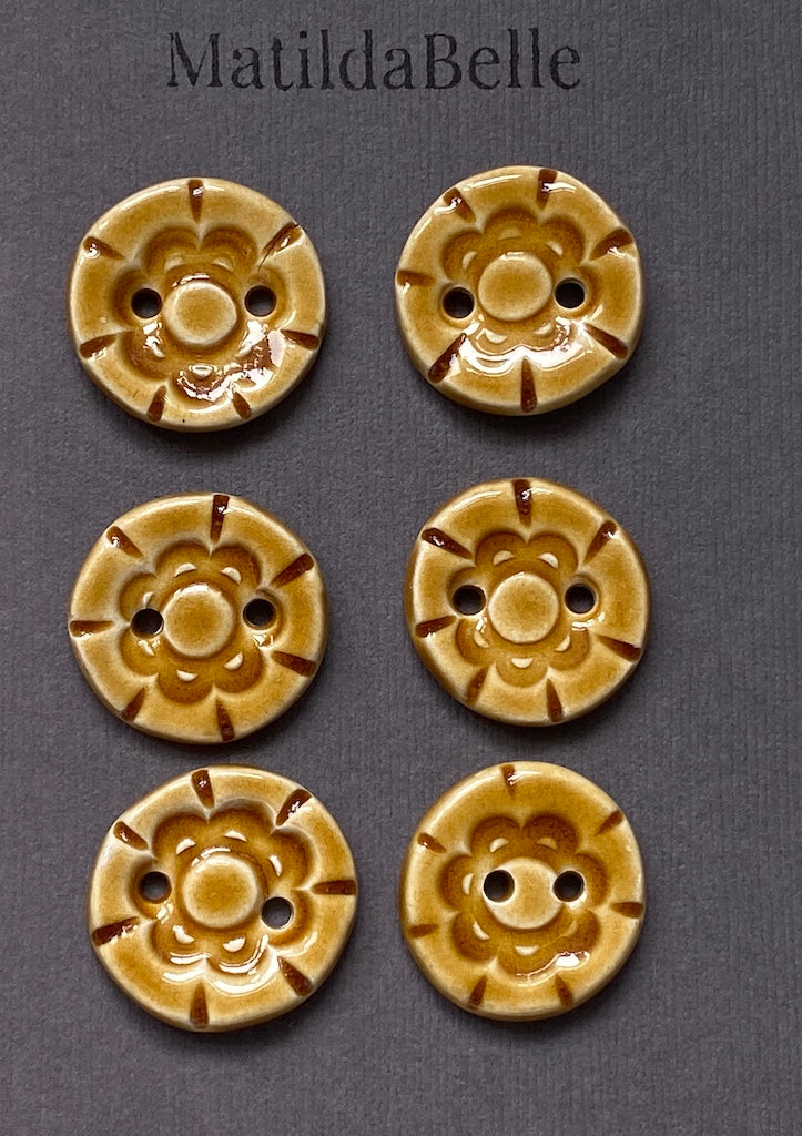 Set of six vintage style handmade 24mm ceramic round buttons in Honey