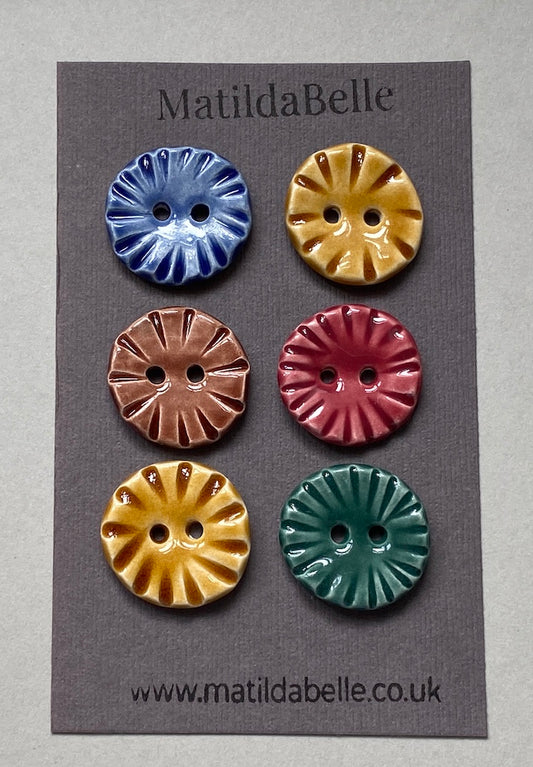 Set of six vintage style handmade ceramic round buttons in 24mm mixed colours