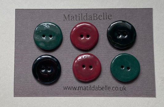 Set of six handmade ceramic 24mm round buttons mixed colours