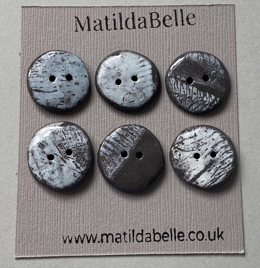 Set of 6 Hand-Formed Black Clay Ceramic Round Buttons - Approx. 19mm-21mm - Rustic Yet Contemporary Design