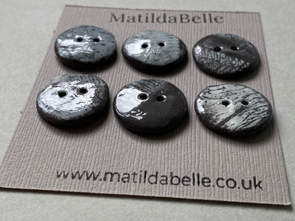 Set of 6 Hand-Formed Black Clay Ceramic Round Buttons - Approx. 19mm-21mm - Rustic Yet Contemporary Design