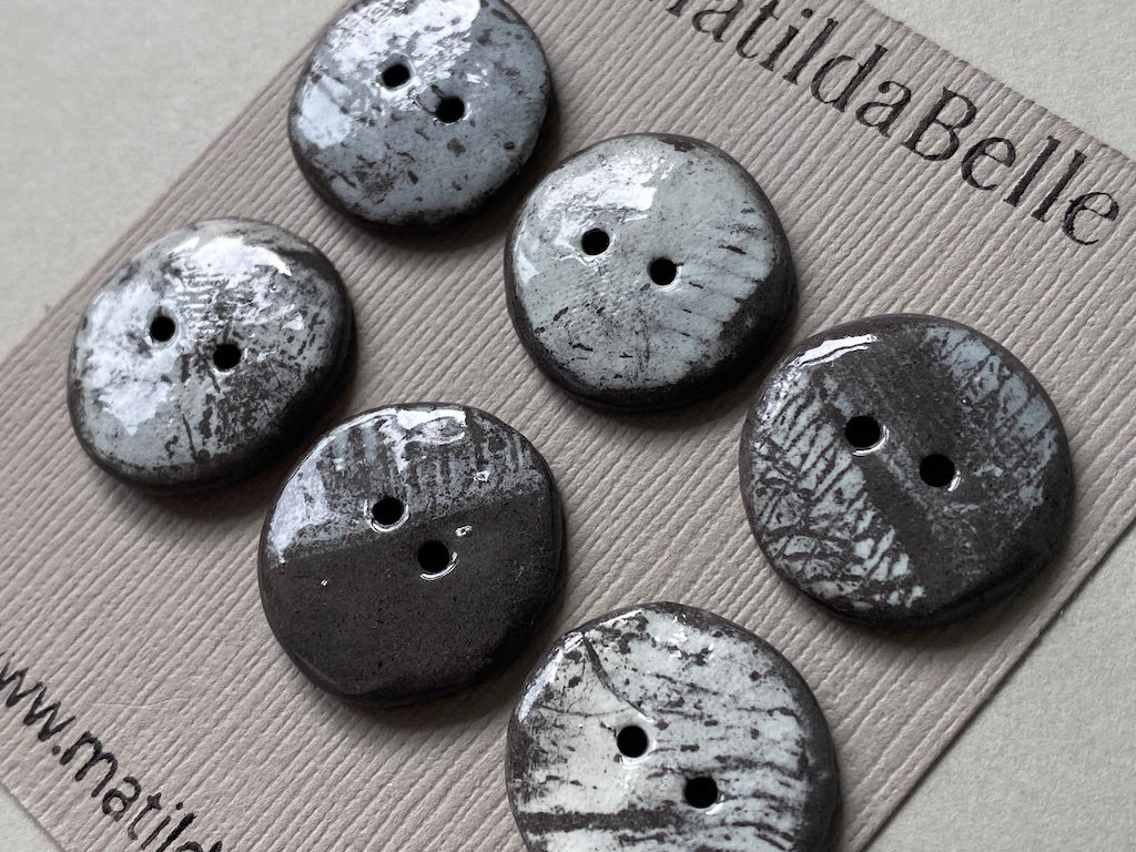 Set of 6 Hand-Formed Black Clay Ceramic Round Buttons - Approx. 19mm-21mm - Rustic Yet Contemporary Design