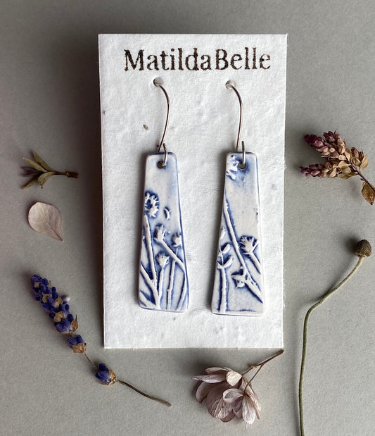 Ceramic Botanical Dangle Earrings - Navy Blue Glaze - Handmade Recycled Silver Wires