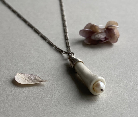 Handmade Porcelain Pendant Necklace with Blush white Pearl - Sterling Silver Wire