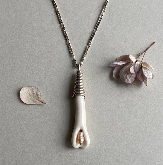 Handmade Porcelain Pendant Necklace with Blush Pink Pearl - Sterling Silver Wire Wrap
