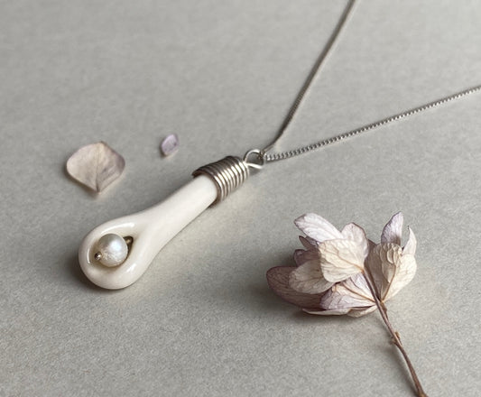 Handmade Porcelain Pendant Necklace with White Pearl - Sterling Silver Wire Wrap