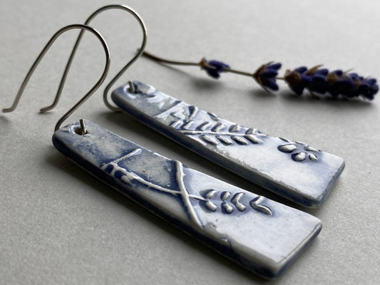 Ceramic Botanical Dangle Earrings - Glossy Navy Blue Glaze - Handmade Recycled Silver Wires