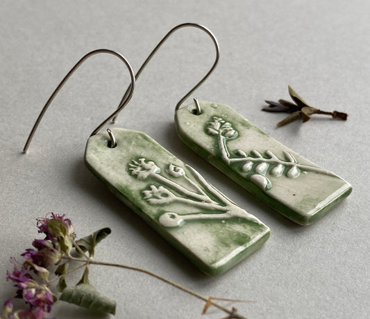 Ceramic Botanical Dangle Earrings - Forest Green Glaze - Handmade Recycled Silver Wires