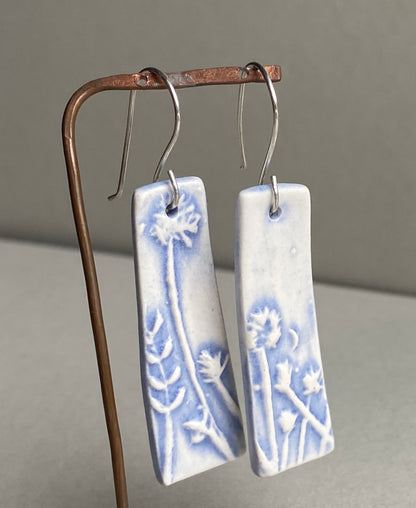 Ceramic Botanical Dangle Earrings - Lilac Blue Glaze - Handmade Recycled Silver Wires