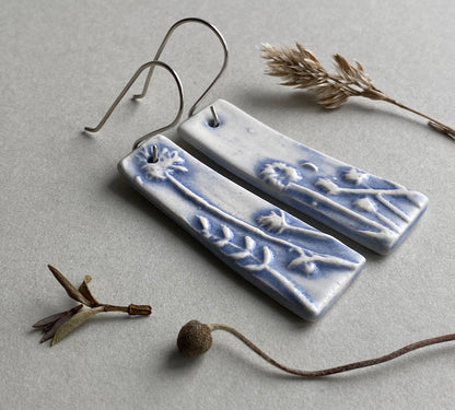 Ceramic Botanical Dangle Earrings - Lilac Blue Glaze - Handmade Recycled Silver Wires