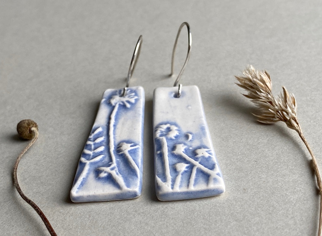 Ceramic Botanical Dangle Earrings - Lilac Blue Glaze - Handmade Recycled Silver Wires