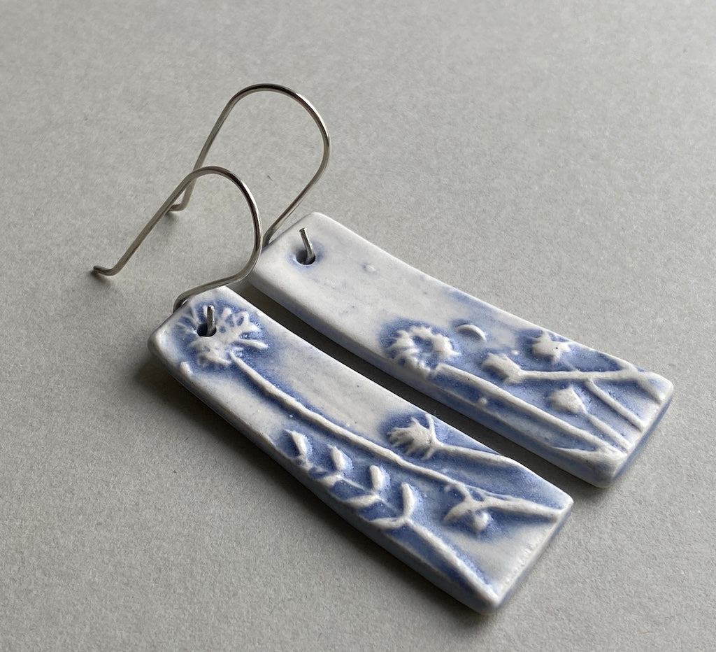 Ceramic Botanical Dangle Earrings - Lilac Blue Glaze - Handmade Recycled Silver Wires