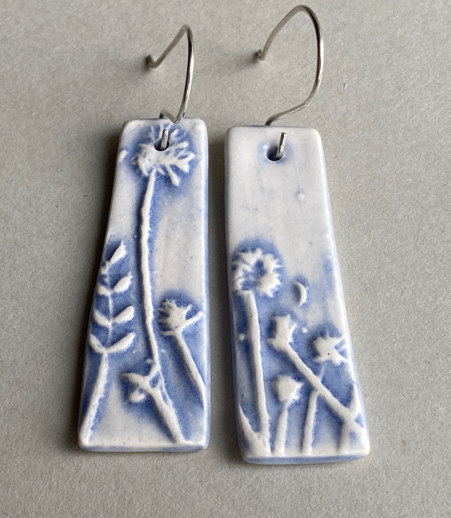 Ceramic Botanical Dangle Earrings - Lilac Blue Glaze - Handmade Recycled Silver Wires