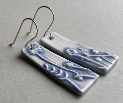 Ceramic Botanical Dangle Earrings - Lilac Blue Glaze - Handmade Recycled Silver Wires