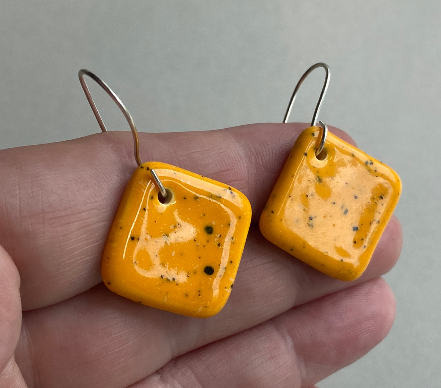 Ceramic Contemporary Dangle Earrings - Yolky Yellow Glaze - Handmade Recycled Silver Wires