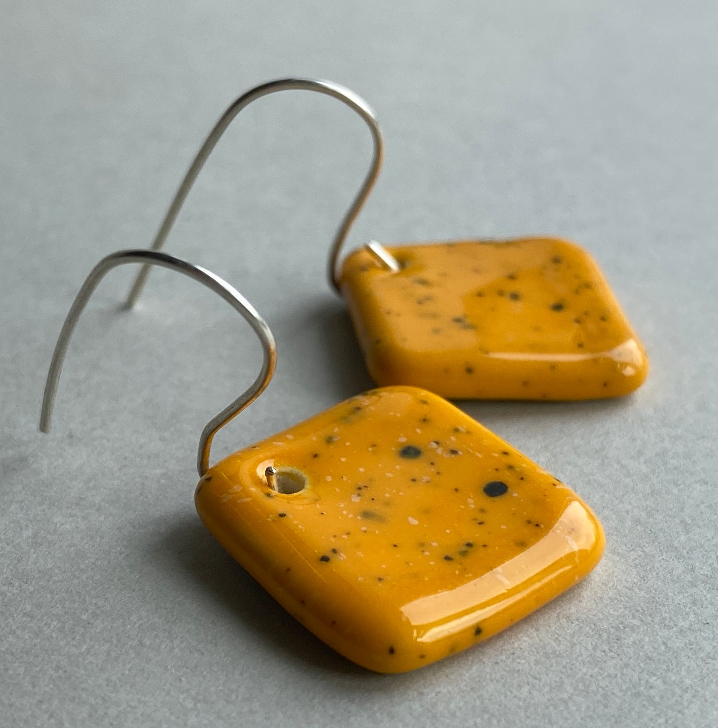 Ceramic Contemporary Dangle Earrings - Yolky Yellow Glaze - Handmade Recycled Silver Wires