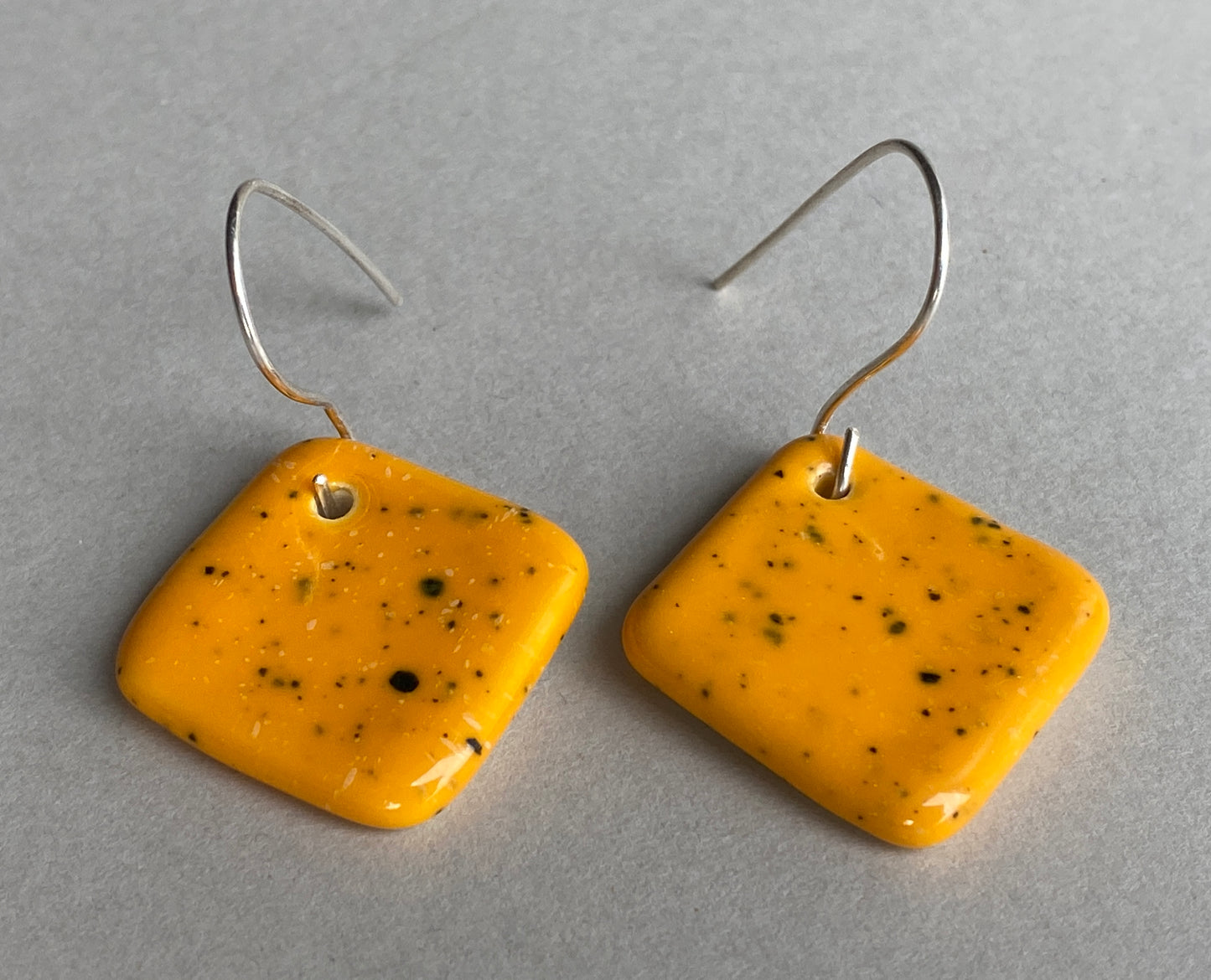 Ceramic Contemporary Dangle Earrings - Yolky Yellow Glaze - Handmade Recycled Silver Wires