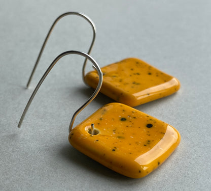 Ceramic Contemporary Dangle Earrings - Yolky Yellow Glaze - Handmade Recycled Silver Wires