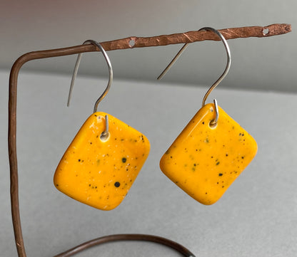 Ceramic Contemporary Dangle Earrings - Yolky Yellow Glaze - Handmade Recycled Silver Wires