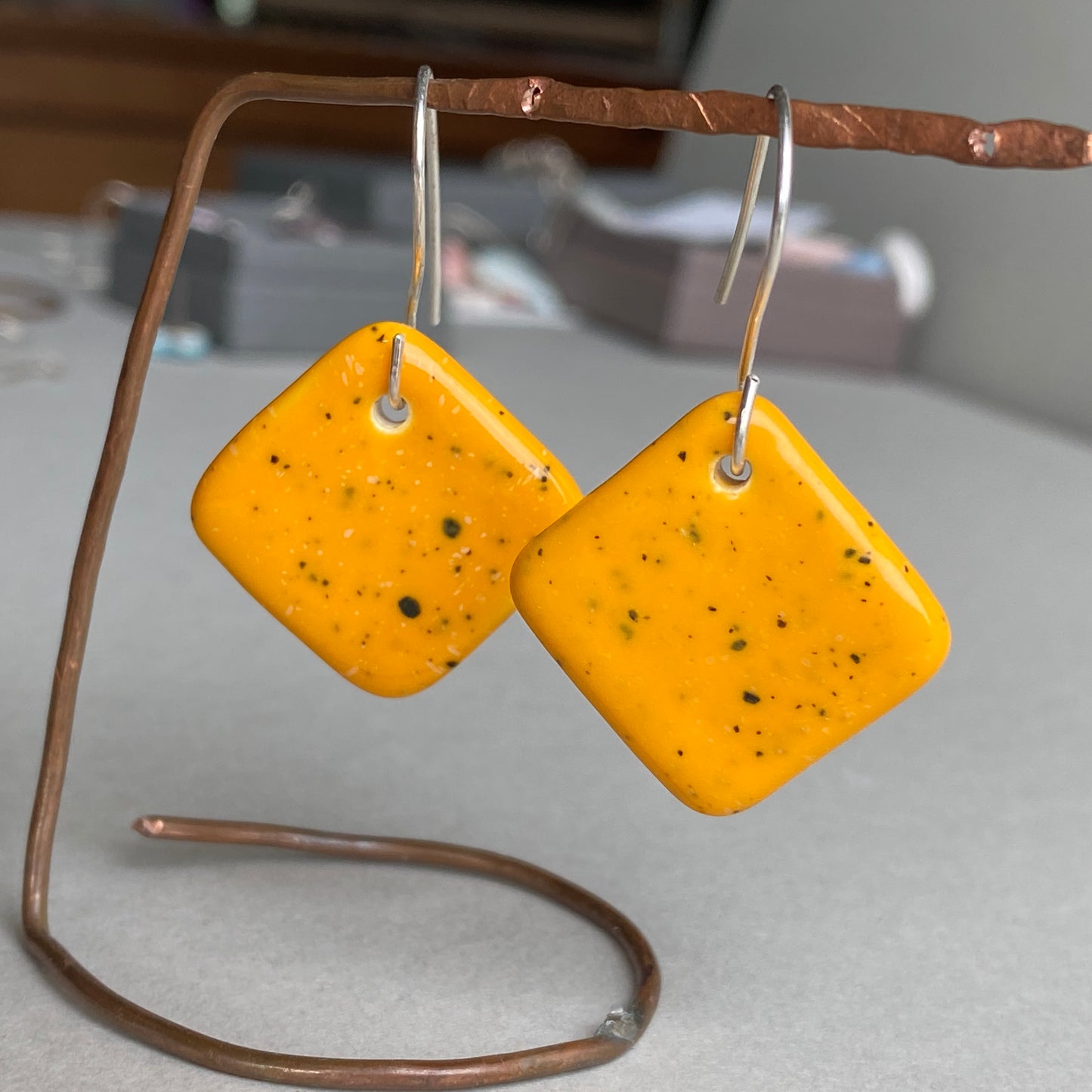 Ceramic Contemporary Dangle Earrings - Yolky Yellow Glaze - Handmade Recycled Silver Wires