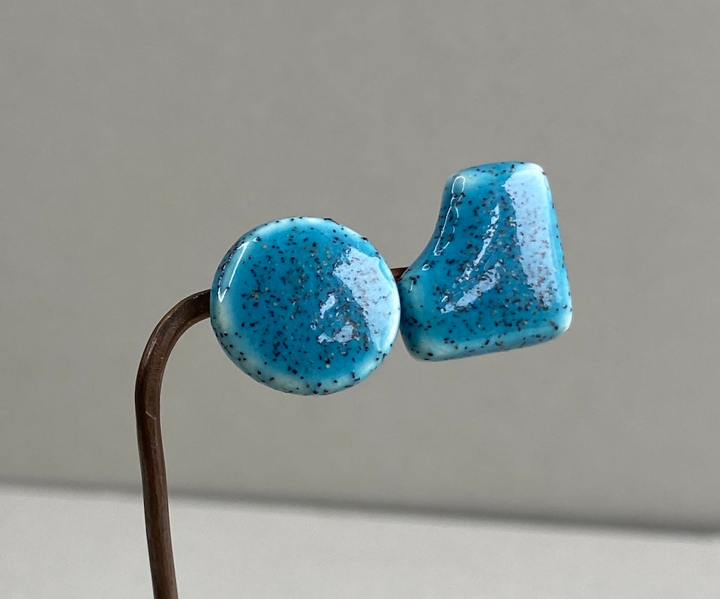 Stud Earrings - Handmade Ceramic Blue mismatched  - sterling silver include P&P