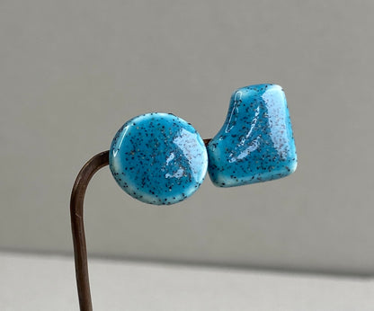 Stud Earrings - Handmade Ceramic Blue mismatched  - sterling silver include P&P