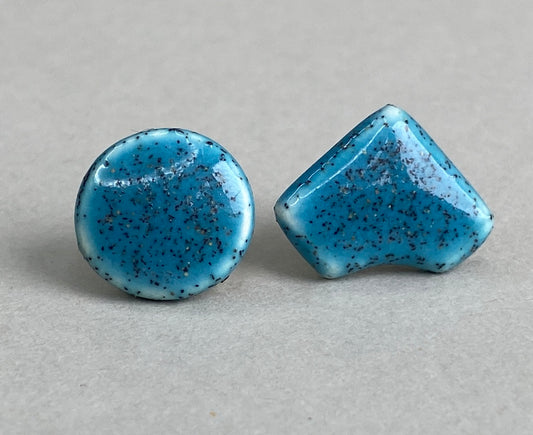 Stud Earrings - Handmade Ceramic Blue mismatched  - sterling silver include P&P