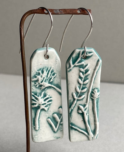 Ceramic Botanical Dangle Earrings - Sea Green Glaze - Handmade Recycled Silver Wires
