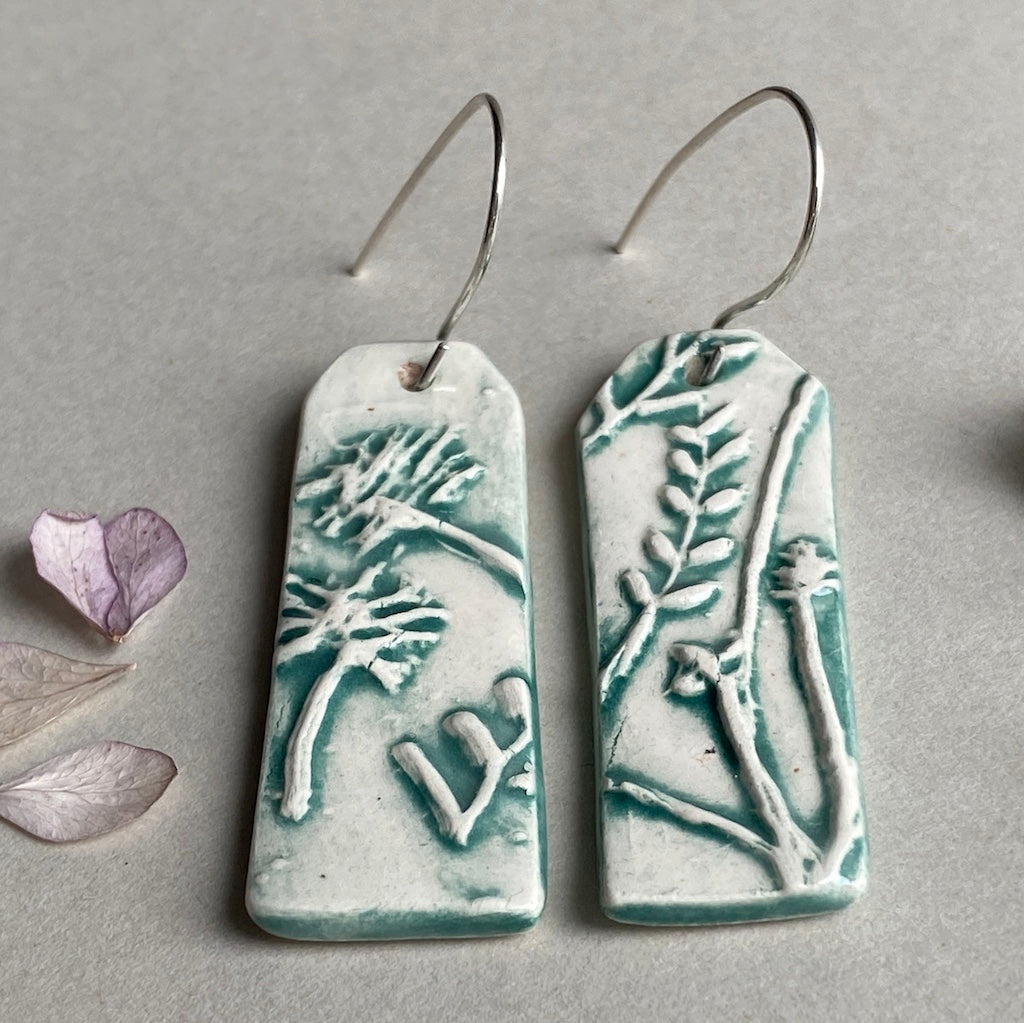 Ceramic Botanical Dangle Earrings - Sea Green Glaze - Handmade Recycled Silver Wires