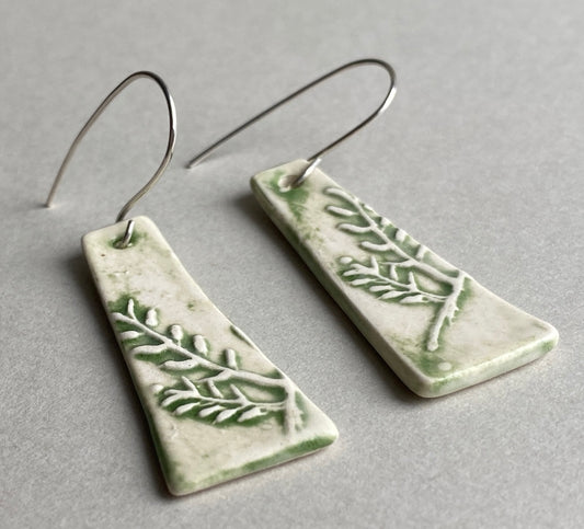 Ceramic Botanical Dangle Earrings - Forest Green Glaze - Handmade Recycled Silver Wires