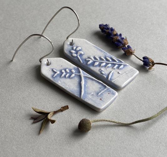 Ceramic Botanical Dangle Earrings - Lilac Blue Glaze - Handmade Recycled Silver Wires